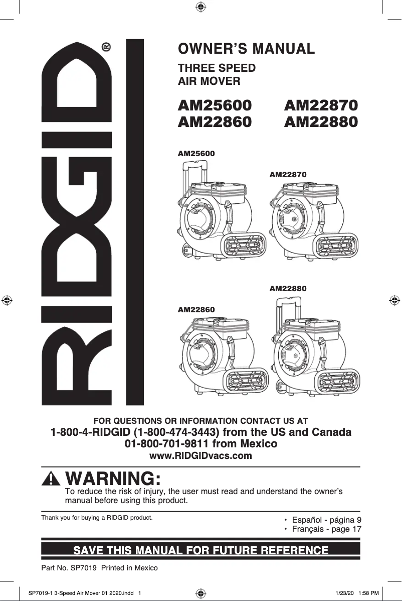 Page 1 de la notice Manuel utilisateur Ridgid AM2288RT