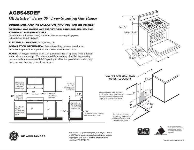 Page 1 de la notice Fiche technique GE AGBS45DEFBS Artistry