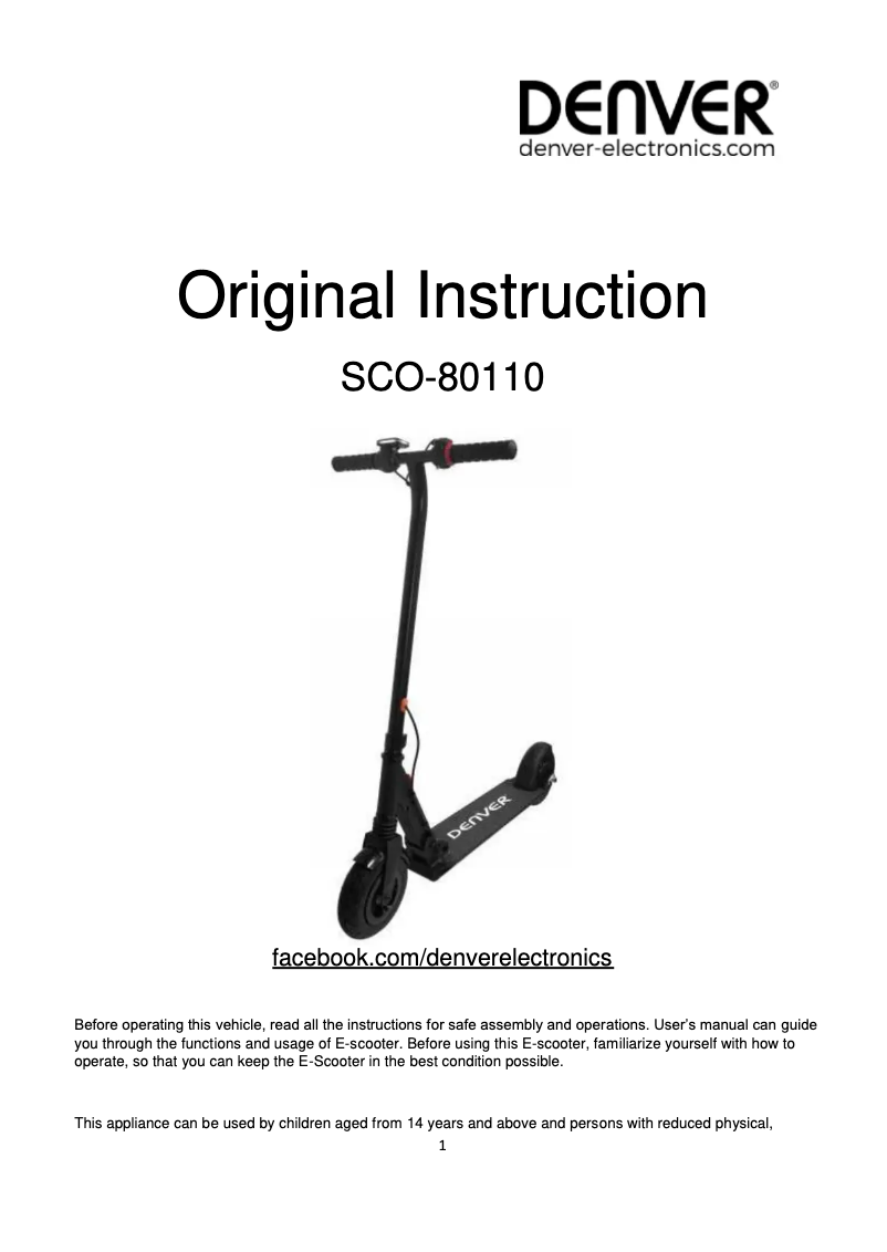 Page 1 de la notice Manuel utilisateur Denver SCO-80110