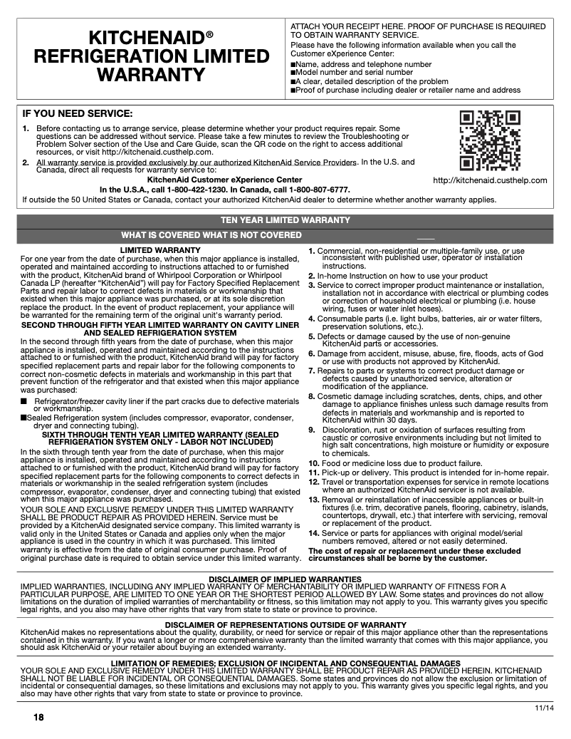 Page 1 de la notice Informations de garantie KitchenAid KRFF302EBL