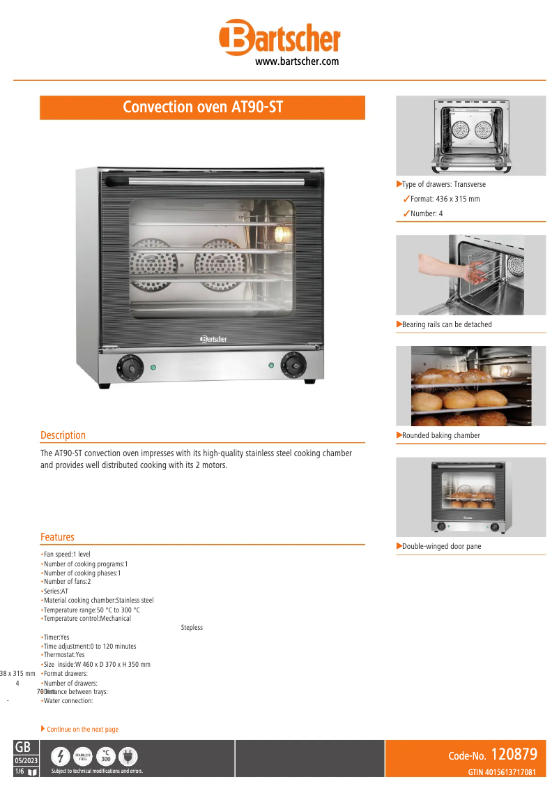 Page 1 de la notice Fiche technique Bartscher AT90-ST