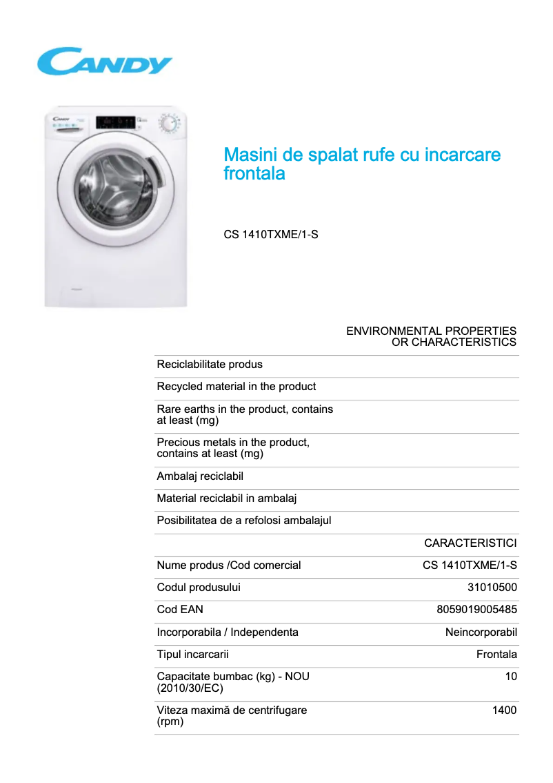 Page 1 de la notice Fiche technique Candy CS 1410TXME/1-S