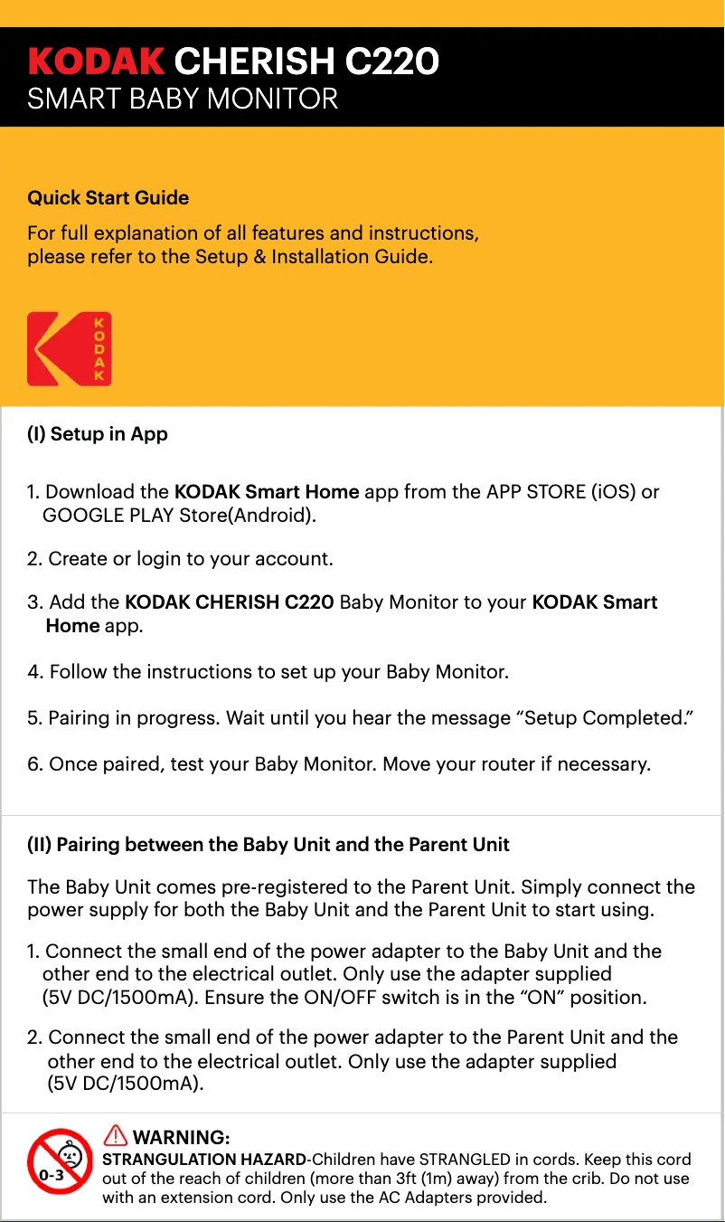 Page 1 de la notice Guide de démarrage rapide Kodak Cherish C220