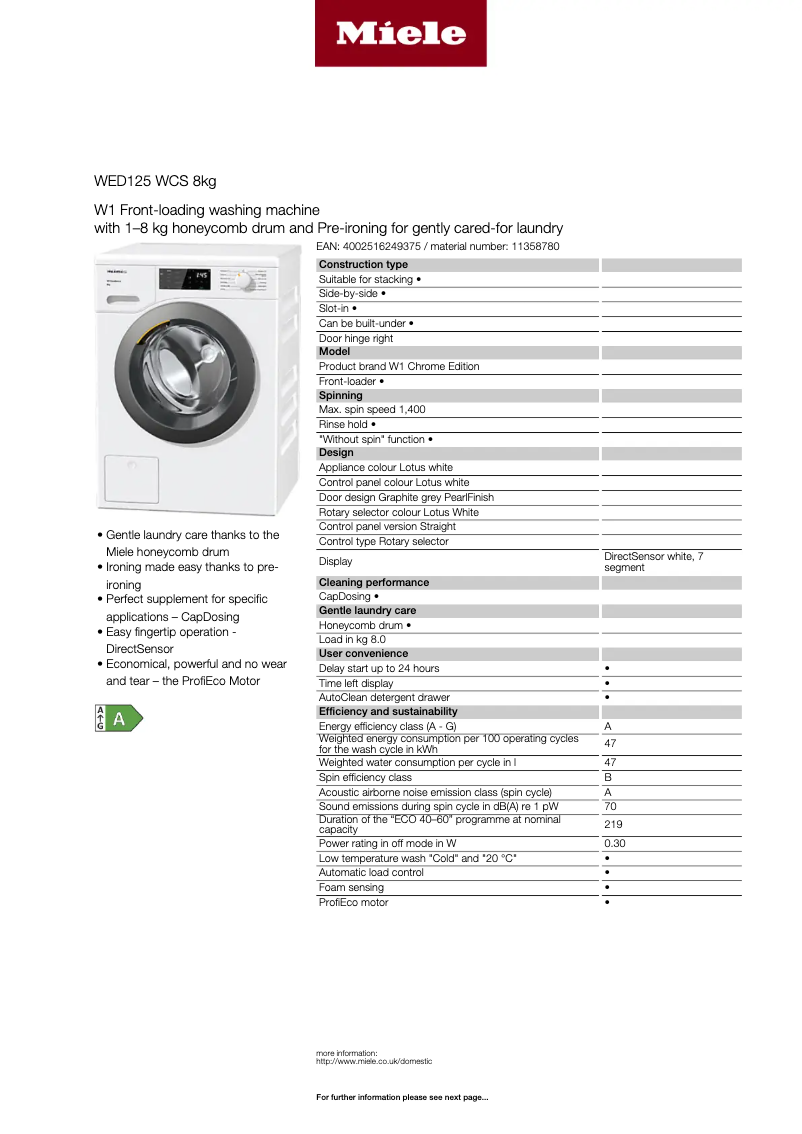 Page 1 de la notice Fiche technique Miele WED 125 WCS 8kg