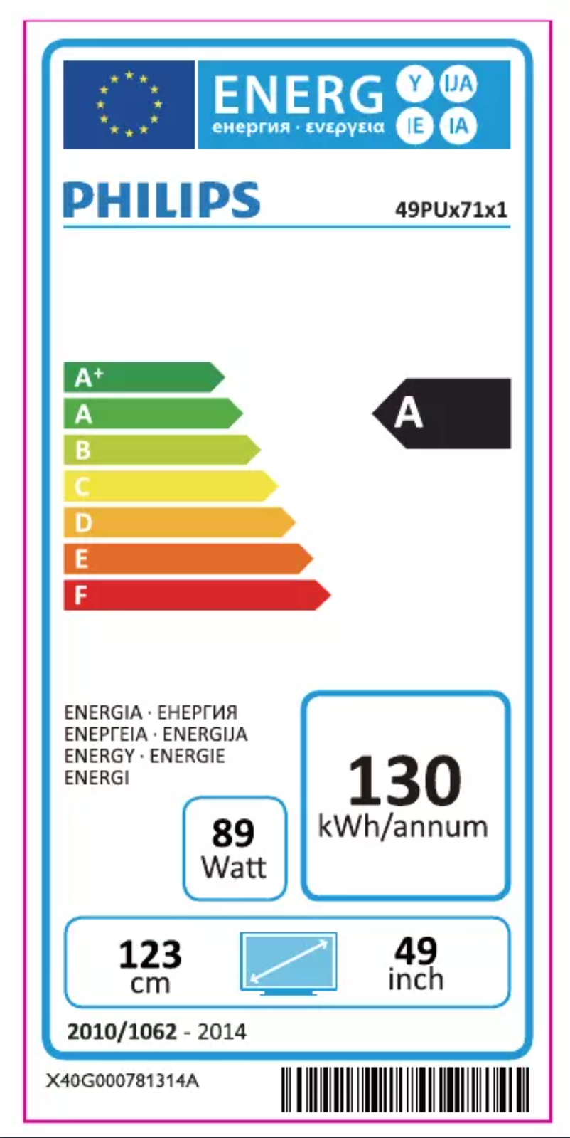 Page 1 de la notice Label énergétique Philips 49PUS7181