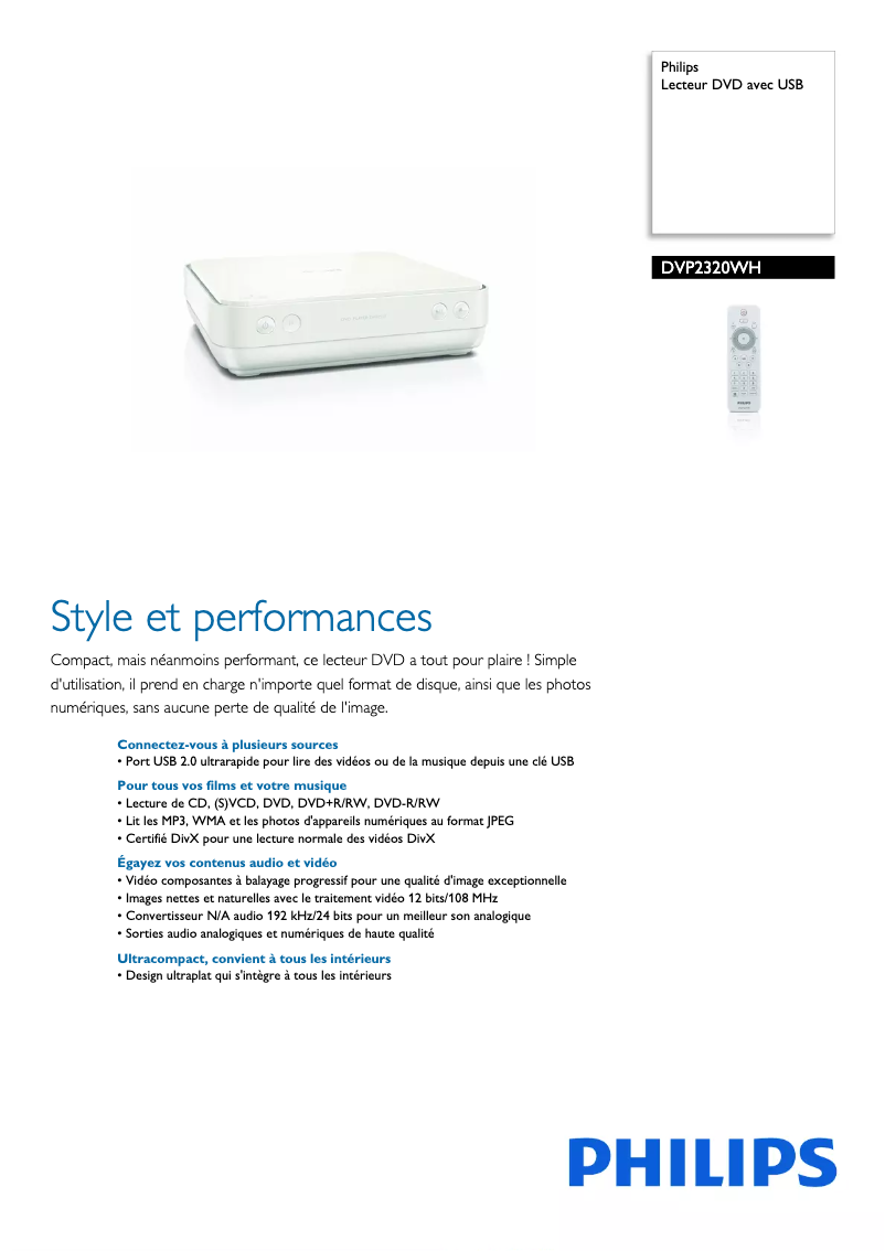 Page 1 of the manual Technical Sheet Philips DVP2320WH