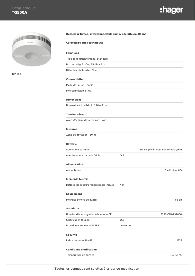 Page 1 de la notice Fiche technique Hager TG550A