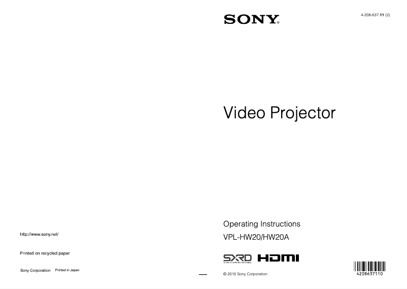 Page n°1 - Manuel utilisateur Sony VPL-HW20A