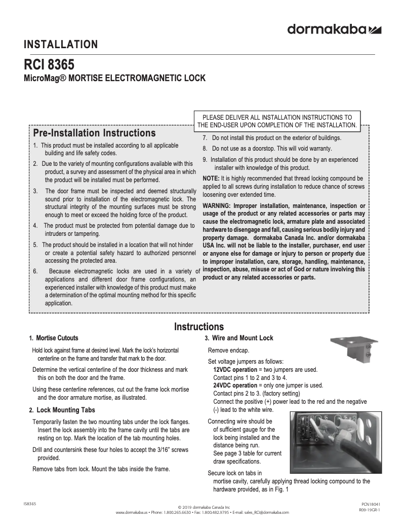 Page n°1 - Manuel utilisateur Dormakaba RCI 8365