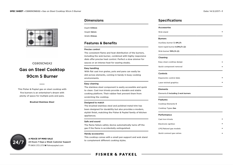 Page 1 de la notice Fiche technique Fisher & Paykel CG905CNGX2