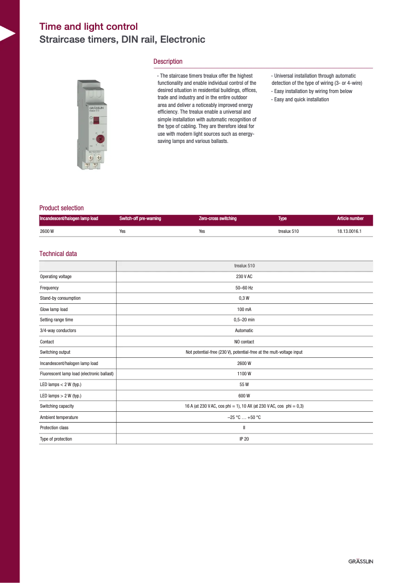 Page 1 de la notice Fiche technique Grässlin trealux 510