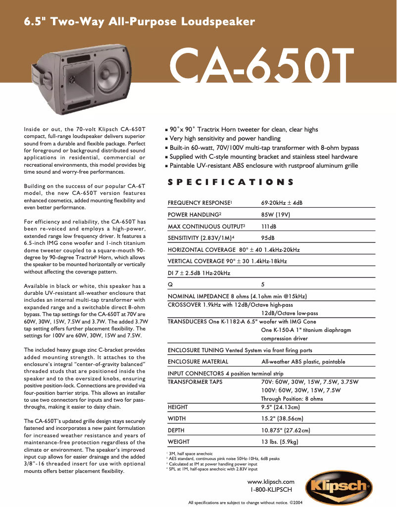 Page 1 de la notice Fiche technique Klipsch CA-650T