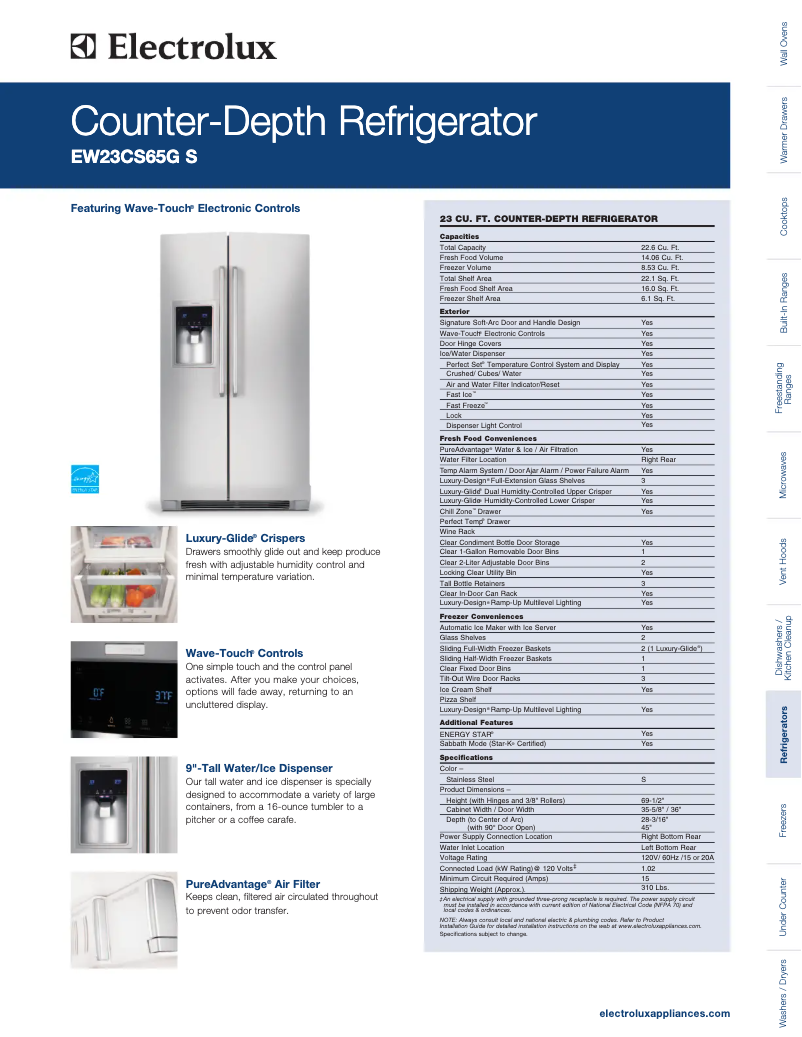 Page 1 de la notice Fiche technique Electrolux EW23CS65GW