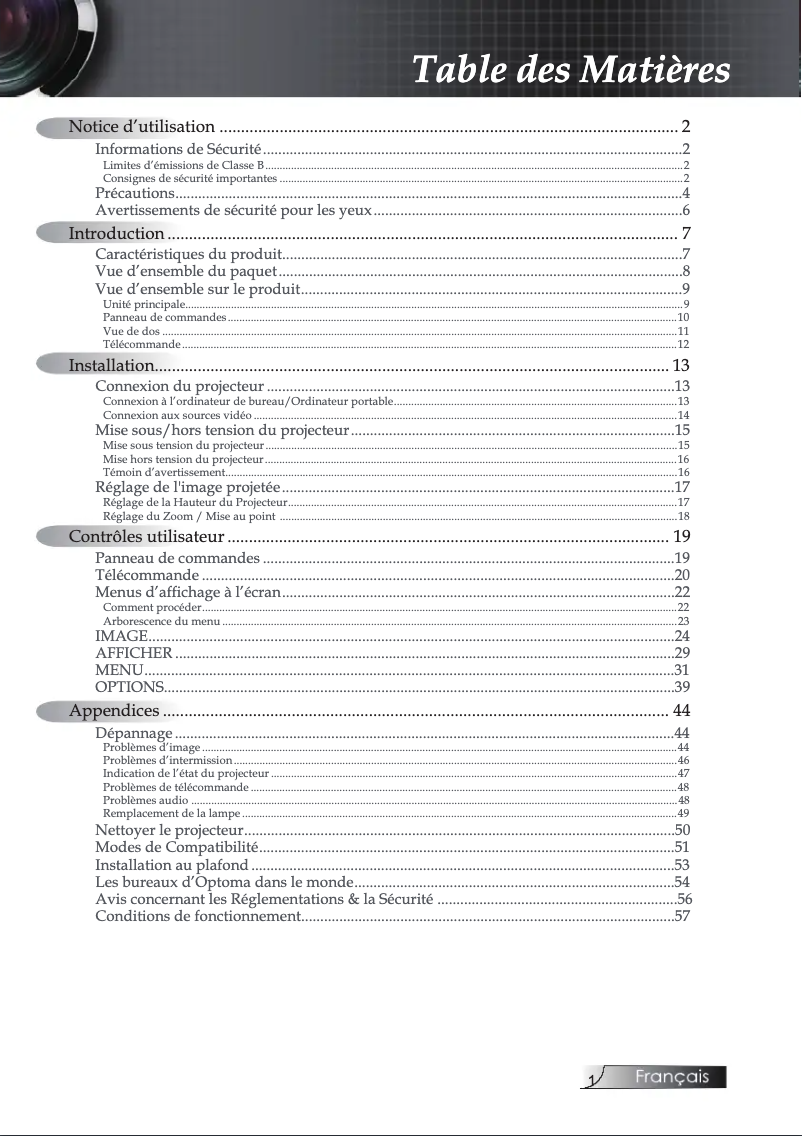 Page n°1 - Manuel utilisateur Optoma EP7155i