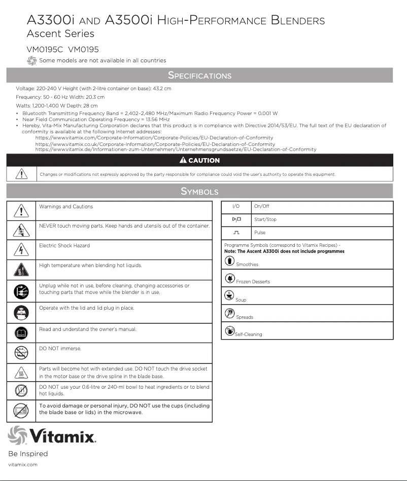 Page 1 de la notice Manuel utilisateur Vitamix Ascent A3500