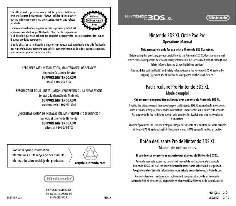 Page 1 de la notice Manuel utilisateur Nintendo 3DS XL Circle Pad Pro