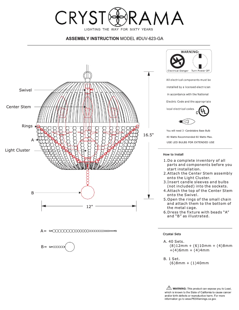 Page 1 de la notice Manuel utilisateur Crystorama Duval DUV-623-GA
