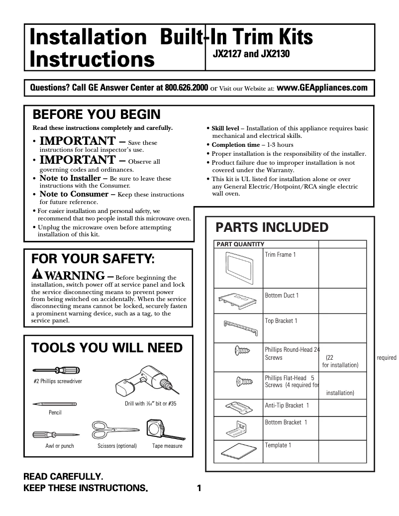 Page n°1 - Guide d'installation GE Profile JE2160WF