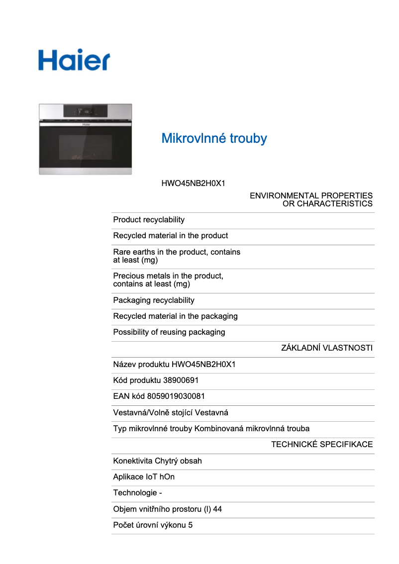 Page 1 de la notice Fiche technique Haier HWO45NB2H0X1