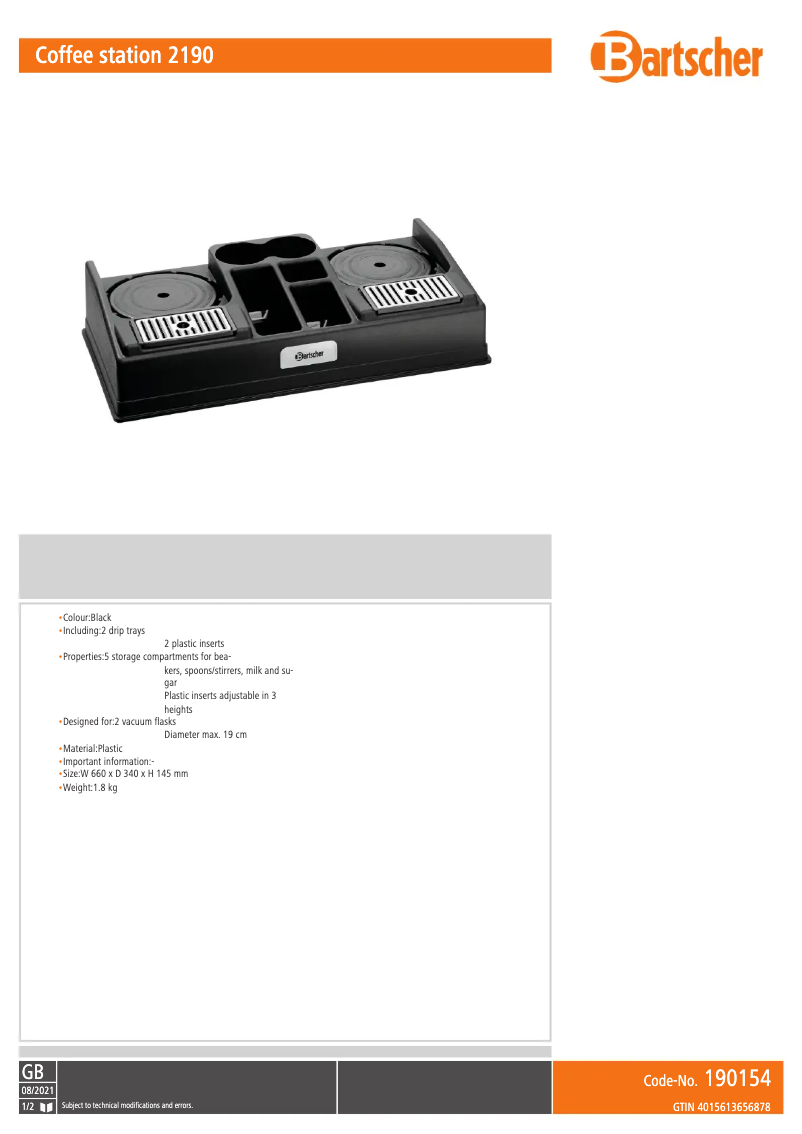 Page 1 de la notice Fiche technique Bartscher 190154