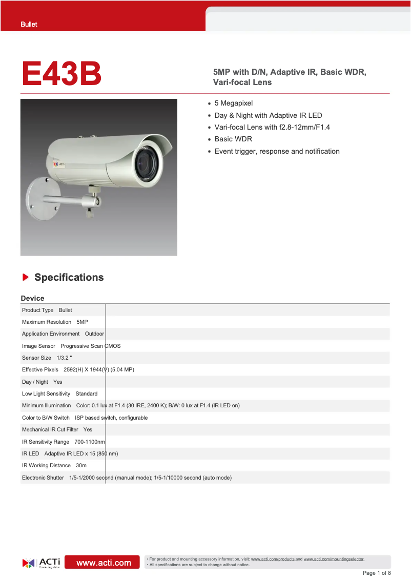 Page n°1 - Fiche technique ACTi E43B