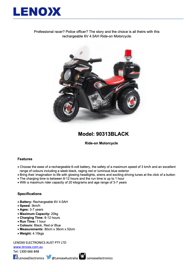 Page 1 de la notice Fiche technique Lenoxx 90313