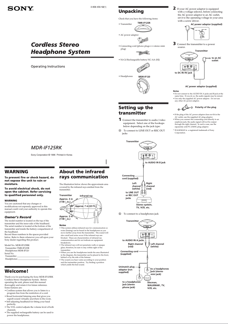 Page n°1 - Manuel utilisateur Sony MDR-IF125RK