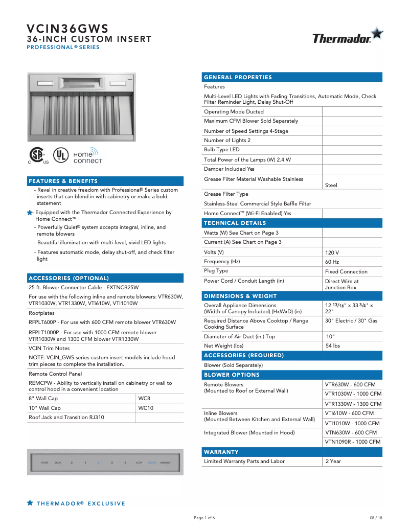Página 1 del manual Ficha técnica Thermador VCIN36GWS