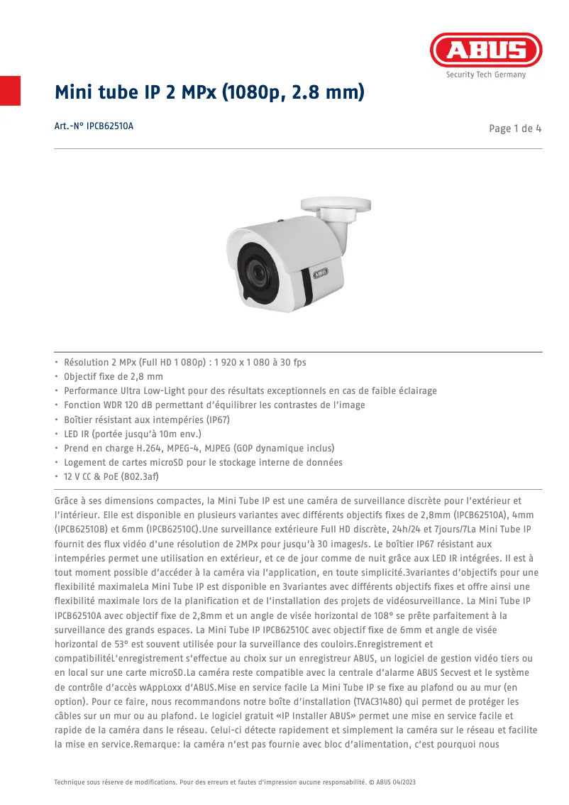 Page n°1 - Fiche technique Abus IPCB62510A