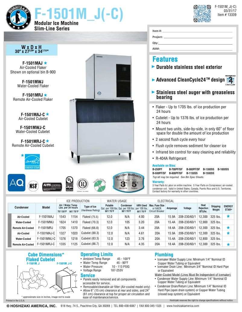 Page 1 de la notice Fiche technique Hoshizaki F-1501MWJ