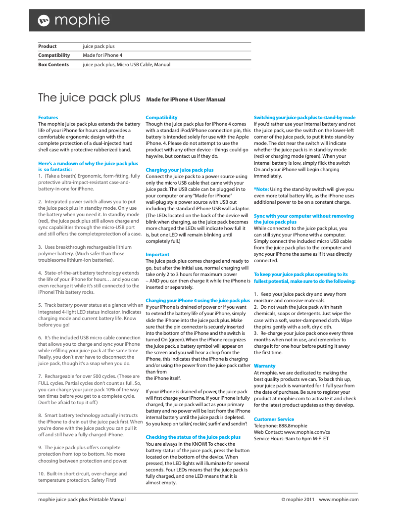 Page 1 de la notice Manuel utilisateur Mophie Juice pack plus for iPhone 4(s)