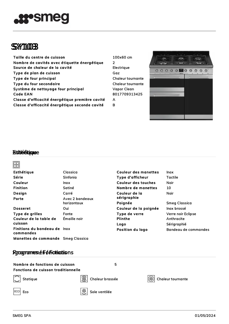Page 1 de la notice Fiche technique Smeg SY103