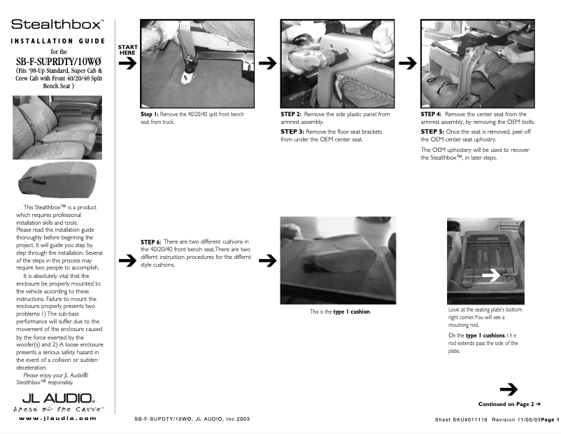 Page 1 of the manual User Manual JL Audio Stealthbox SB-F-SUPRDTY/10W1v3