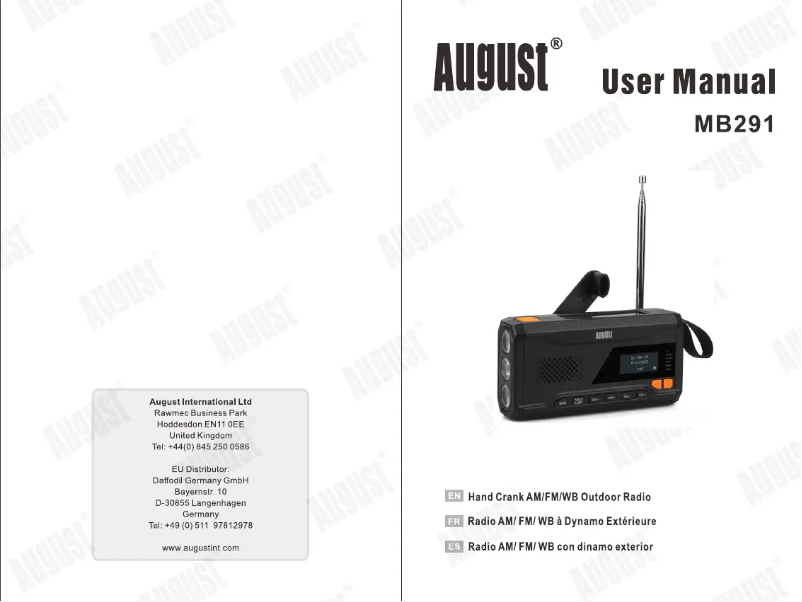 Page 1 de la notice Manuel utilisateur August MB291B=