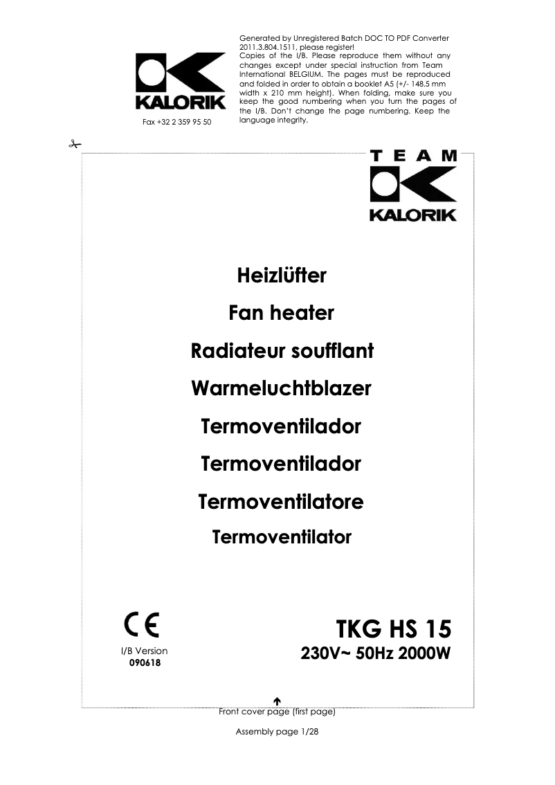 Page 1 de la notice Manuel utilisateur Kalorik TKG HS 15