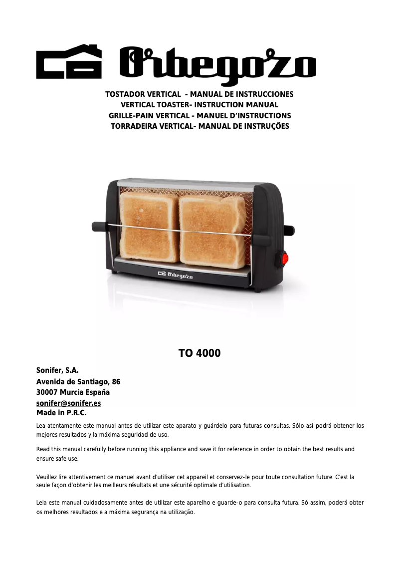 Page 1 de la notice Manuel utilisateur Orbegozo TO 4000