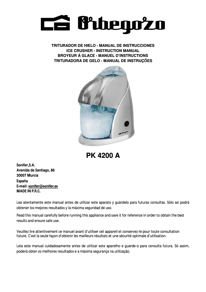 Page n°1 - Manuel utilisateur Orbegozo PK 4200