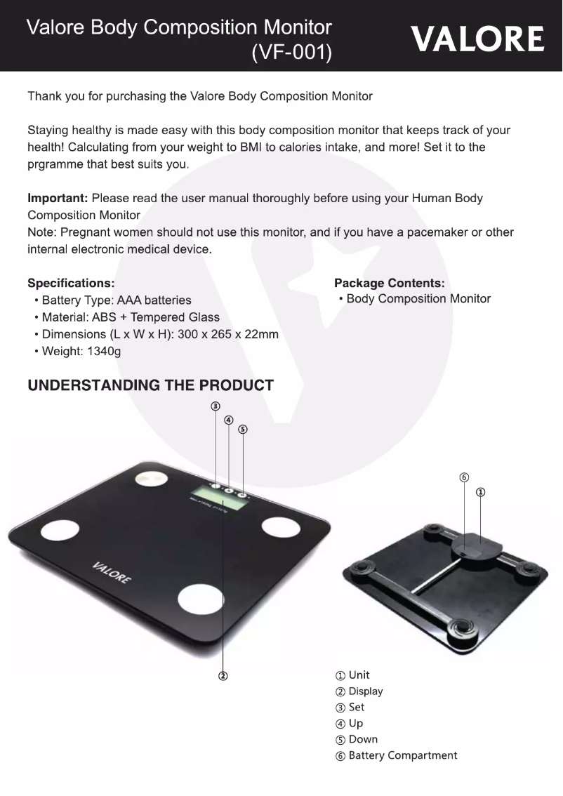Page 1 de la notice Manuel utilisateur Valore VF-001