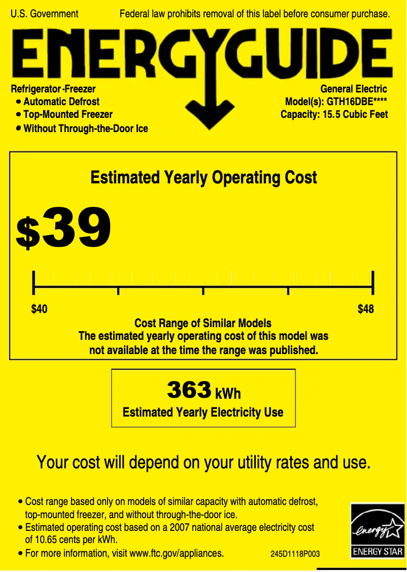 Página 1 del manual Etiqueta energética GE GTH16DBELWW