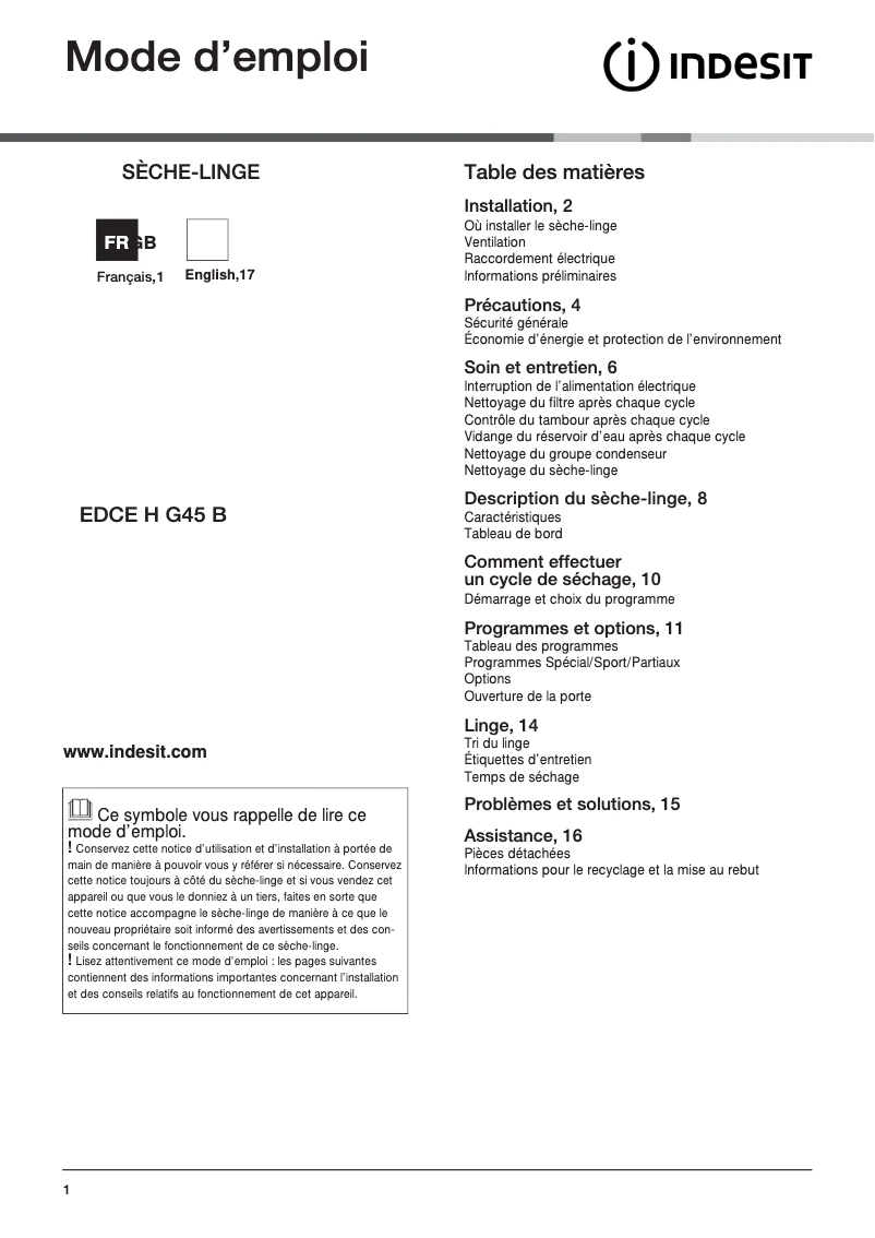 Page 1 de la notice Manuel utilisateur Indesit EDCE H G45 B (FR)