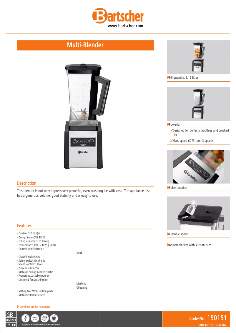 Page 1 de la notice Fiche technique Bartscher 150151