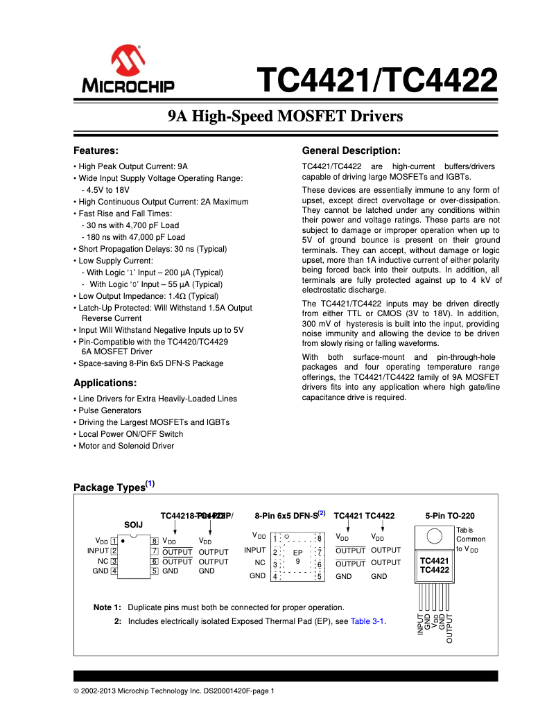 Page 1 de la notice Fiche technique Microchip TC4422