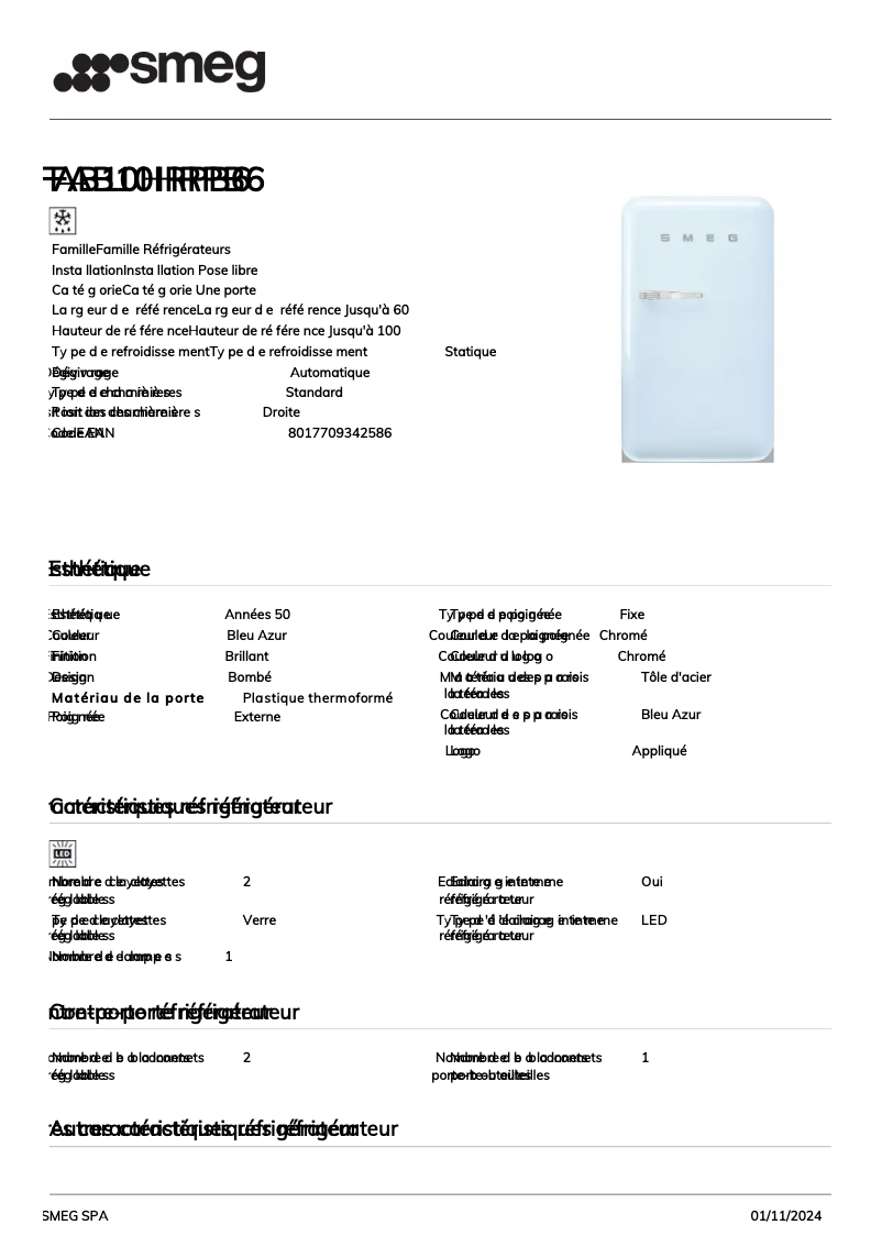 Page 1 de la notice Fiche technique Smeg FAB10HRPB6