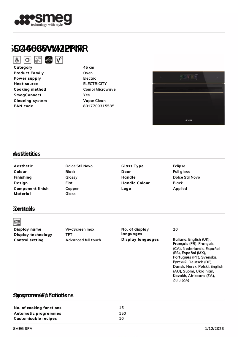 Página 1 del manual Ficha técnica Smeg SO4606WM2PNR