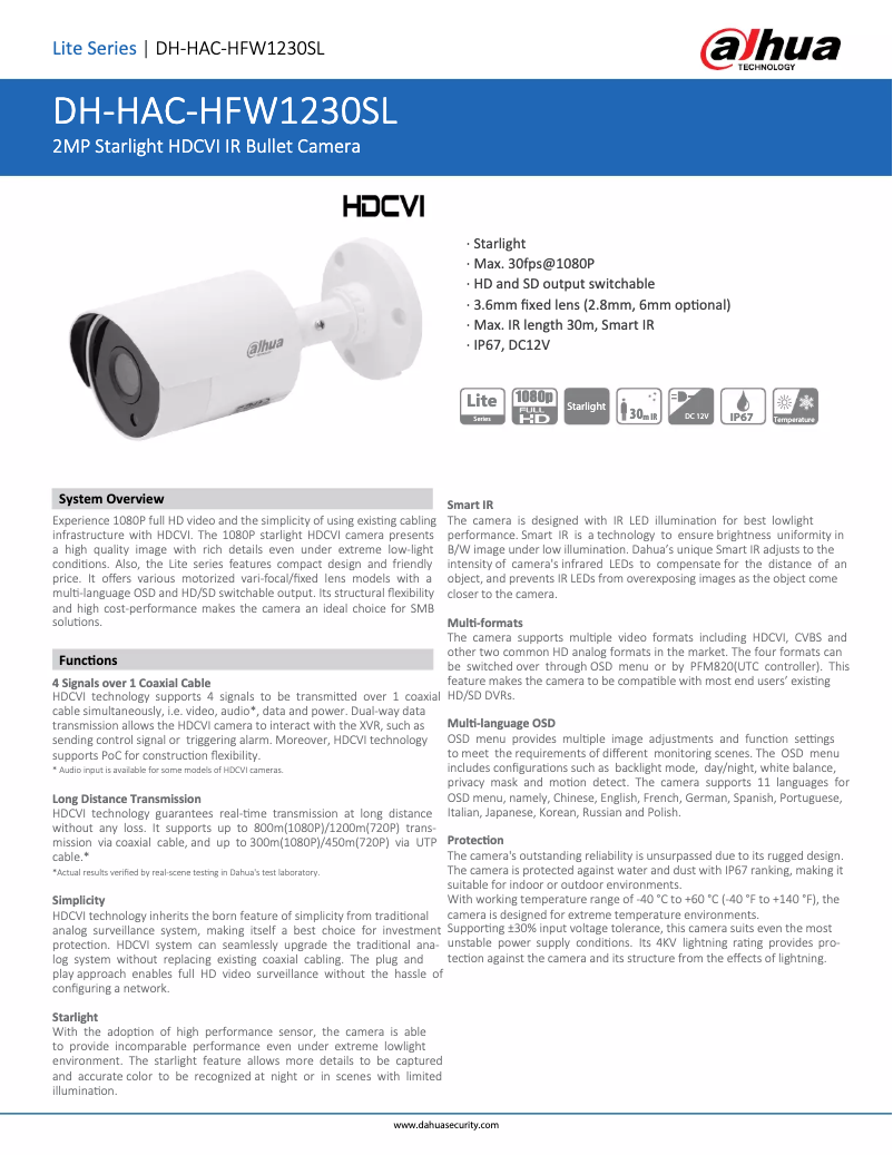 Página 1 del manual Ficha técnica Dahua Technology HAC-HFW1230SL