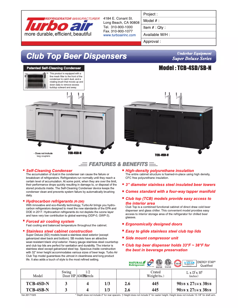 Página 1 del manual Ficha técnica Turbo air TCB-4SB