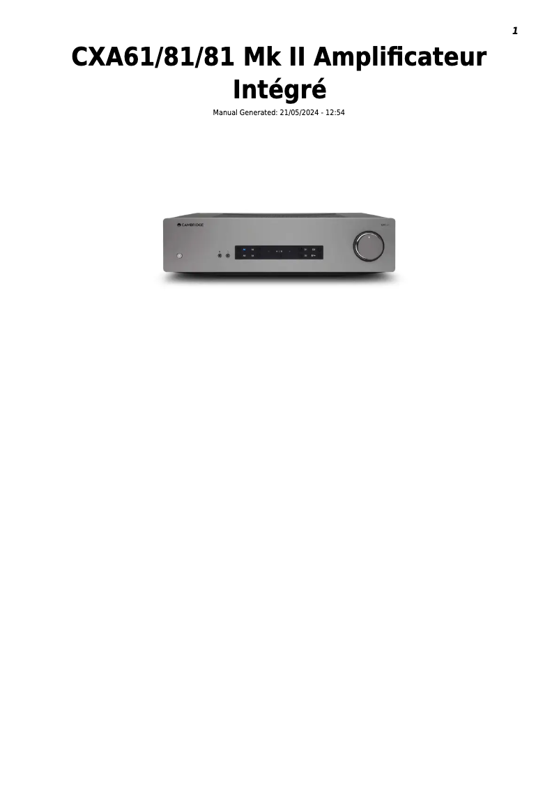Page 1 de la notice Manuel utilisateur Cambridge CXA81 MKII