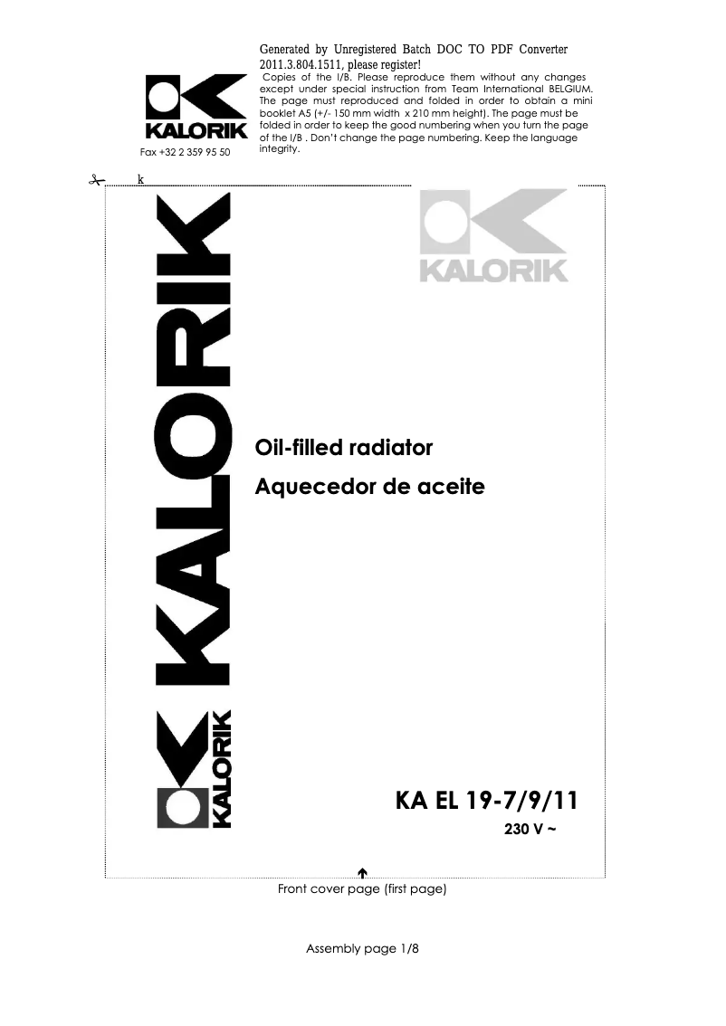 Page n°1 - Manuel utilisateur Kalorik KA EL 19-9