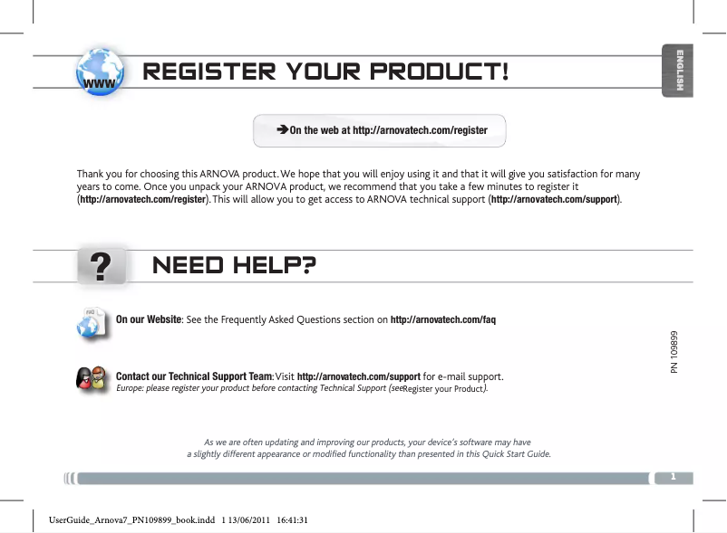 Page 1 de la notice Manuel utilisateur Archos Arnova 7
