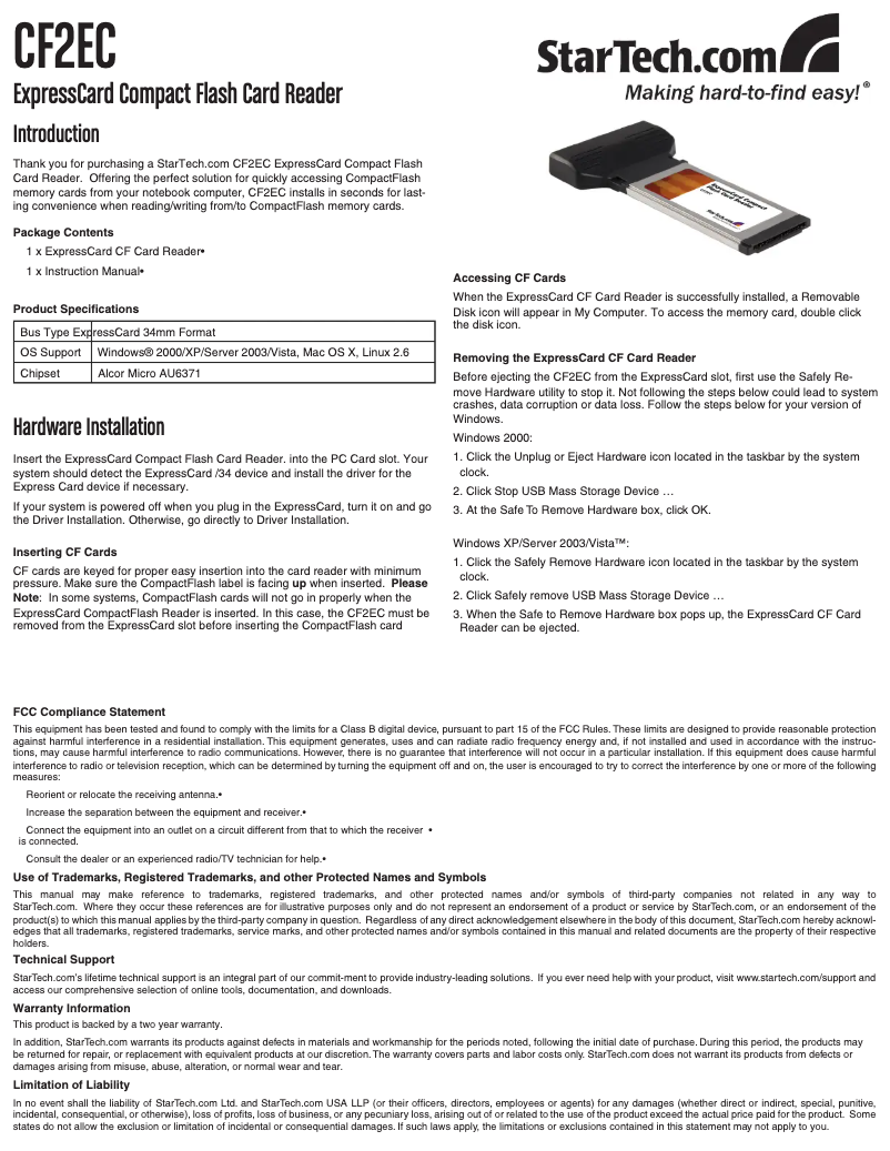 Page n°1 - Manuel utilisateur StarTech.com ExpressCard CF Media Memory Card Reader